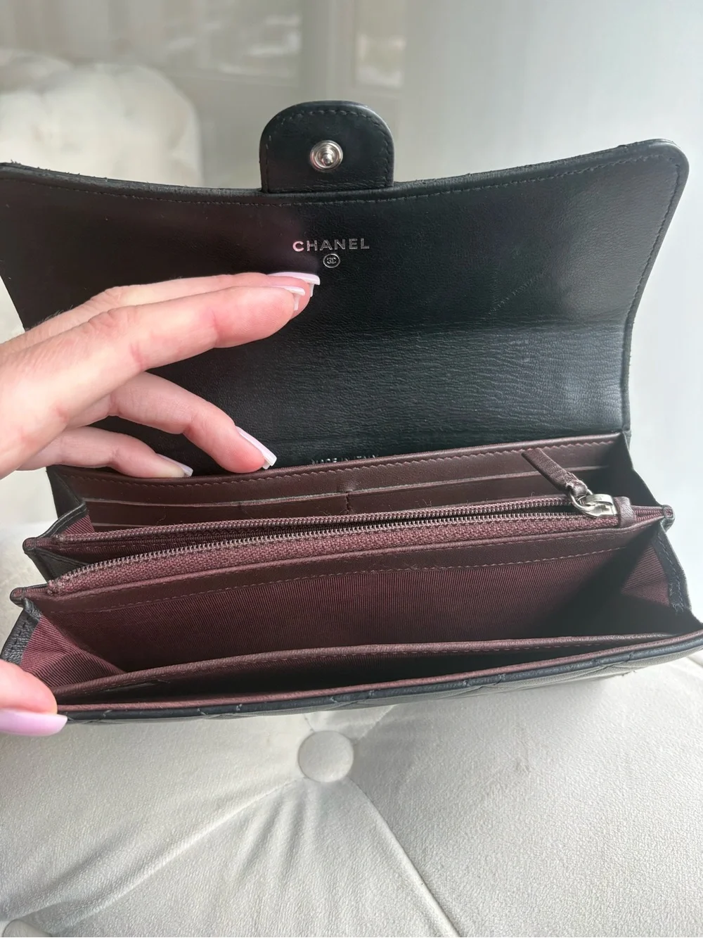 AUTHENTIC CHANEL GUSSET FLAP  BLACK QUILTED LEATHER WALLET ON CHAIN